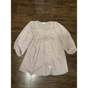Mittoshop Tan Beige Babydoll Balloon Sleeve Womens Blouse Size M